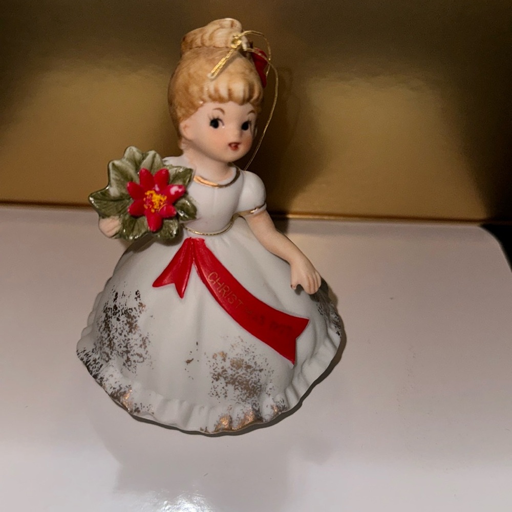 1977 Christmas Girl Ornament - Girl Figurine in Full Gown w/ Red Poinsettia -